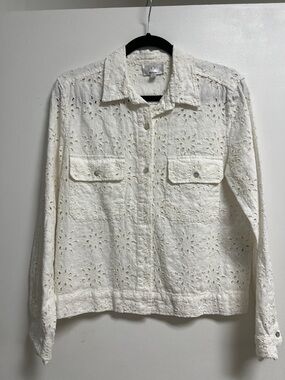 Johnny Was Ivory Cream Lightweight Linen Eyelet Button-Up Jacket Small